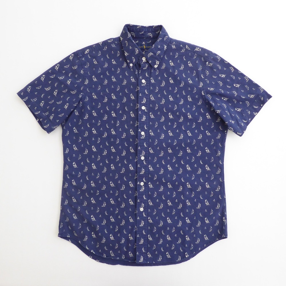 Ralph Lauren Mens Button Down Shirt Blue Sailboat Nautical Short Sleeve Medium